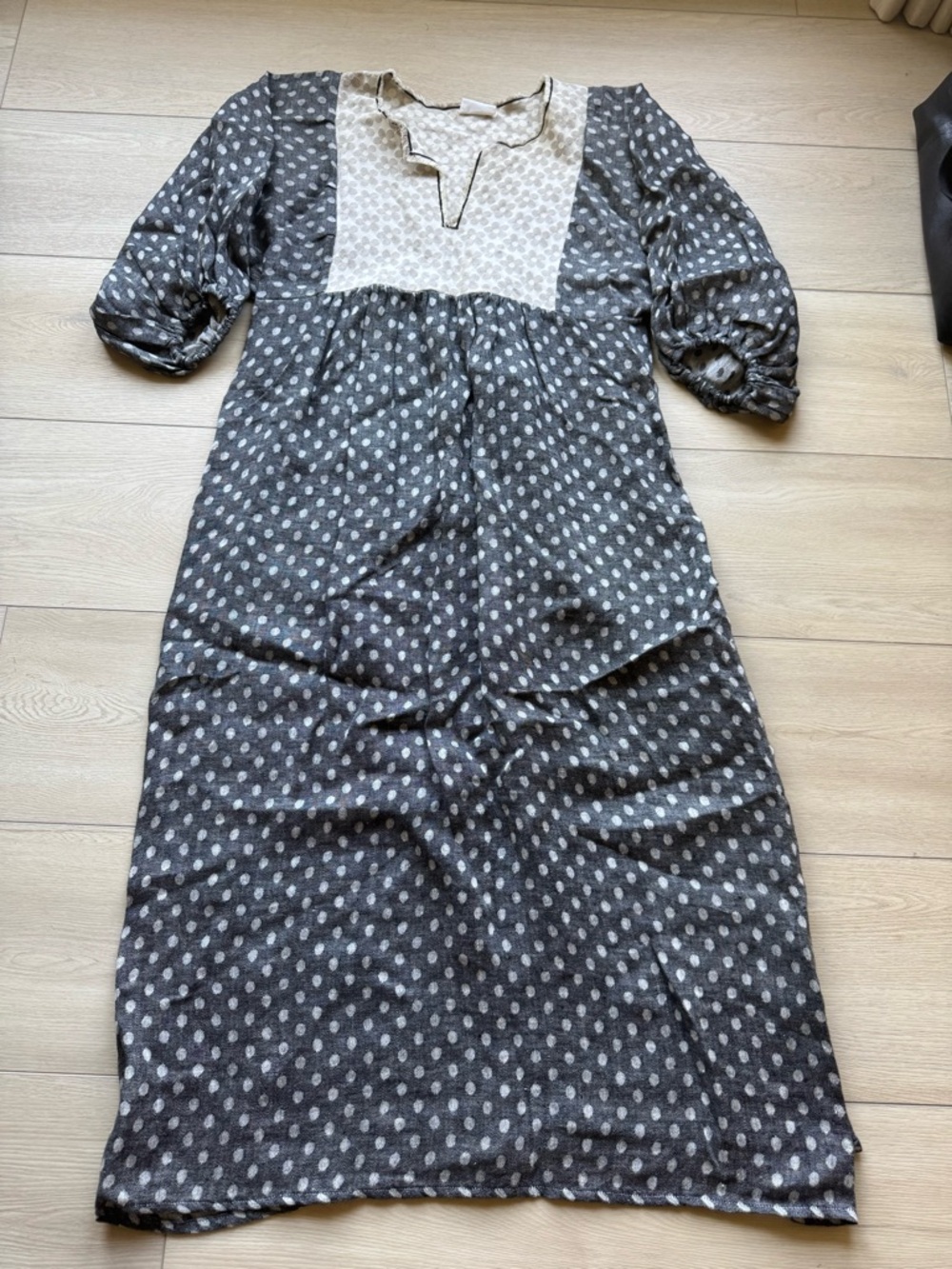 Nina Leuca Polka Dot Midi Dress with Contrast Yoke - Gray/White One Size